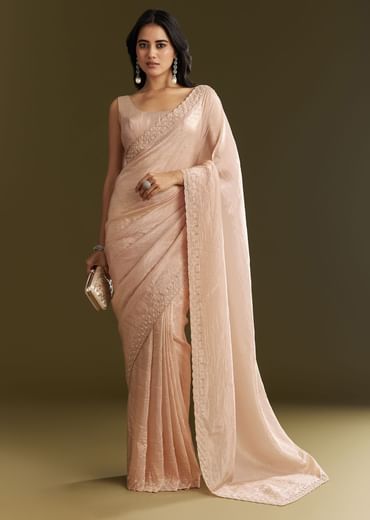 Beige Crepe Tissue Saree With Moti Beads And Cutdana Embroidery