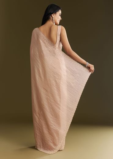 Beige Crepe Tissue Saree With Moti Beads And Cutdana Embroidery