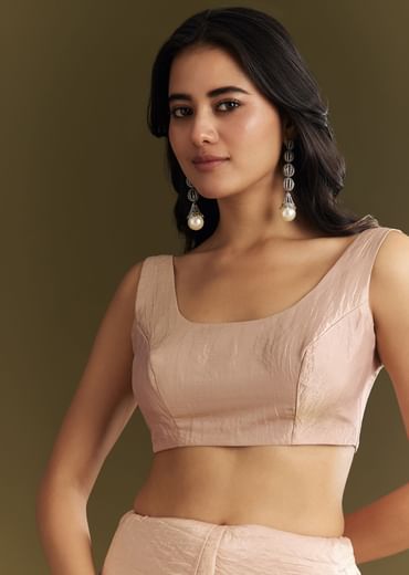 Beige Crepe Tissue Saree With Moti Beads And Cutdana Embroidery