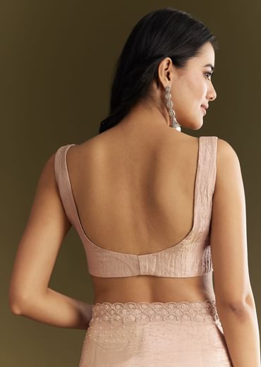 Beige Crepe Tissue Saree With Moti Beads And Cutdana Embroidery