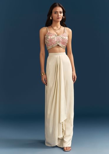 Beige Crop Top Skirt Set With Resham Work And Floral Cape