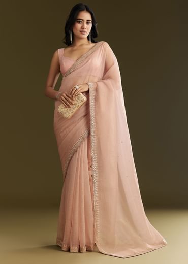 Beige Crushed Tissue Saree With Stone Embellishment And Glossy Finish