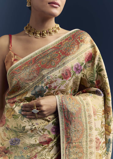 Beige Dola Silk Woven Saree With Nature Motif Embroidery