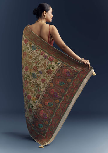 Beige Dola Silk Woven Saree With Nature Motif Embroidery