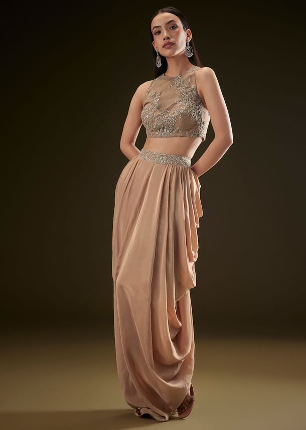 Beige Drape Dhoti Skirt With Embroidered Bustier And Long Cape Beige Drape Dhoti Skirt With Embroidered Bustier And Long Cape