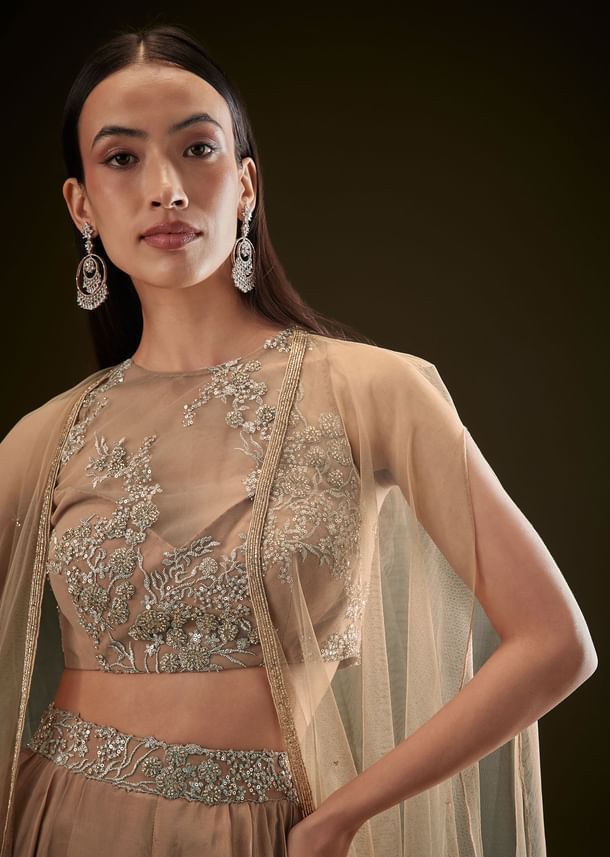 Beige Drape Dhoti Skirt With Embroidered Bustier And Long Cape Beige Drape Dhoti Skirt With Embroidered Bustier And Long Cape