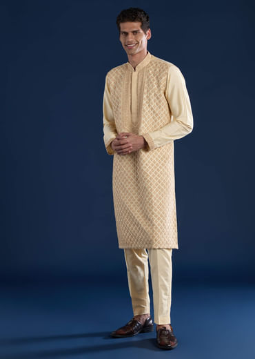 Beige Embroidered Banarsi Silk Mens Kurta and Pant Set