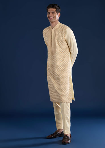 Beige Embroidered Banarsi Silk Mens Kurta and Pant Set