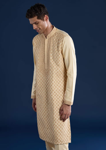 Beige Embroidered Banarsi Silk Mens Kurta and Pant Set