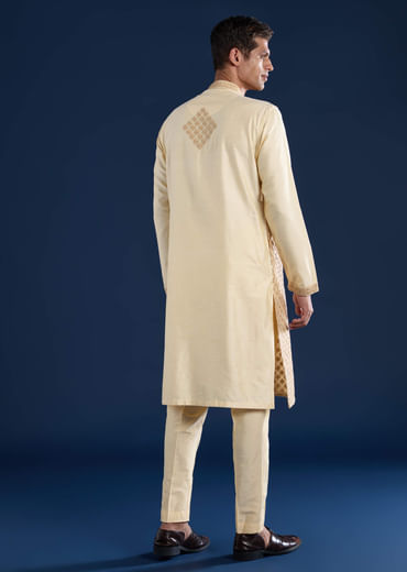 Beige Embroidered Banarsi Silk Mens Kurta and Pant Set