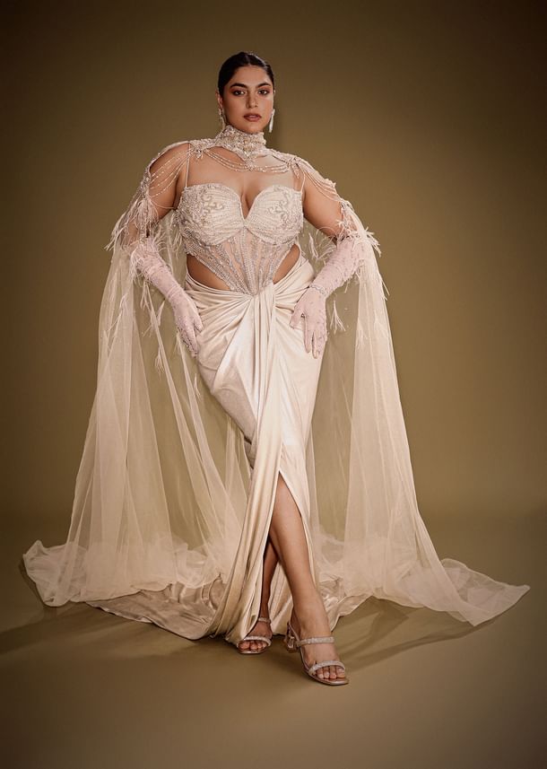 Beige Embroidered Drape Gown With Full Length Embroidered Cape