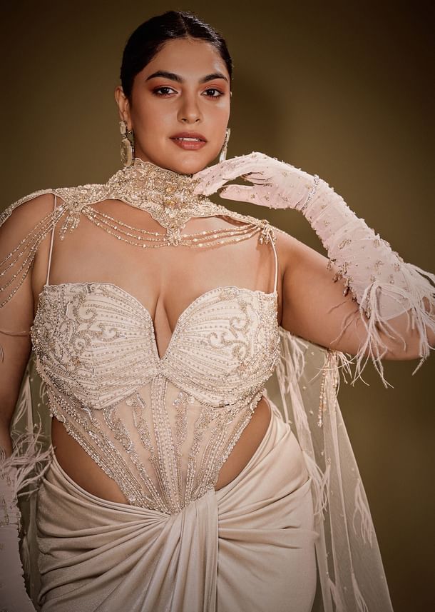 Beige Embroidered Drape Gown With Full Length Embroidered Cape