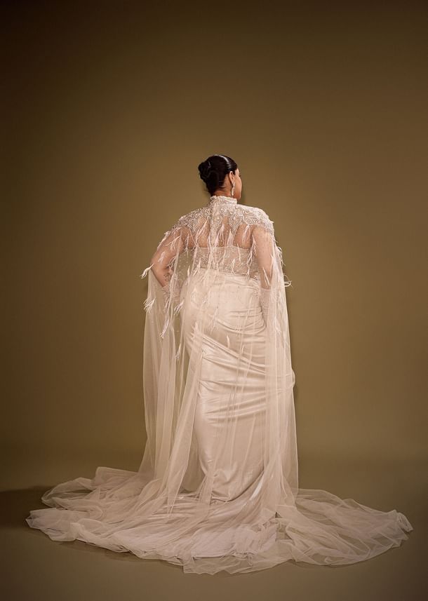 Beige Embroidered Drape Gown With Full Length Embroidered Cape