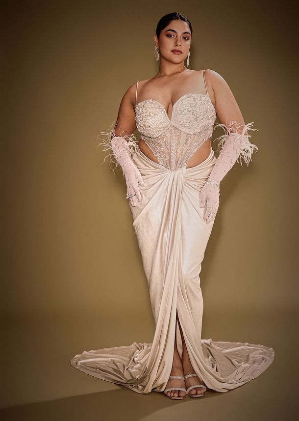 Beige Embroidered Drape Gown With Full Length Embroidered Cape