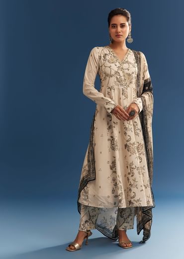 Beige Floral Printed Crepe Anarkali Set With Embroidered Neckline