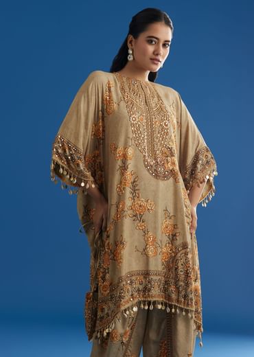 Beige Floral Printed Kaftan Dhoti Set With Shells And Metal Coin Tassels