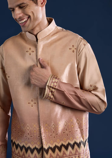 Beige Geometric Print Velvet Jacket and Ombre Kurta Set