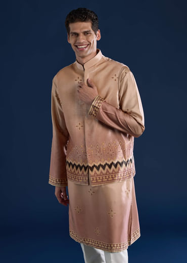 Beige Geometric Print Velvet Jacket and Ombre Kurta Set
