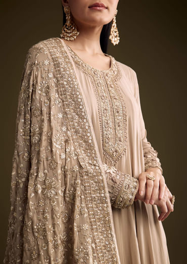Beige Georgette Anarkali Suit With Thread And Sequins Embroidery