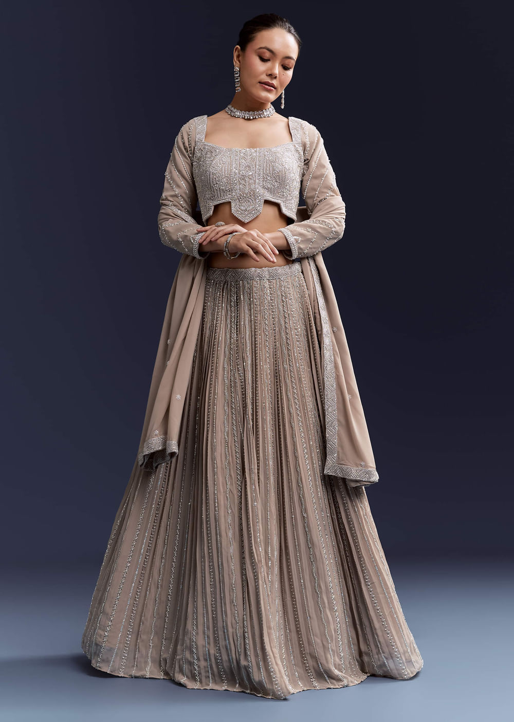 Beige Georgette Bridesmaid Lehenga Set With Sequin Embroidery