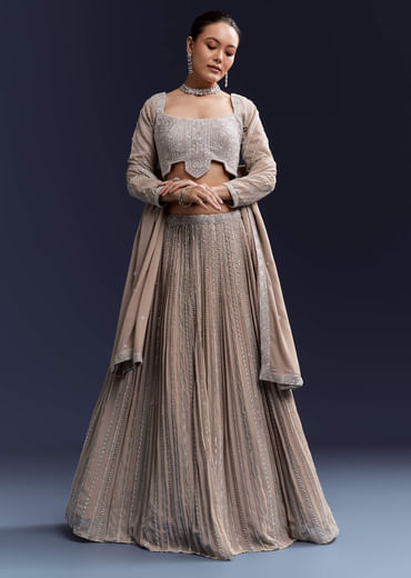 Beige Georgette Bridesmaid Lehenga Set With Sequin Embroidery Beige Georgette Bridesmaid Lehenga Set With Sequin Embroidery