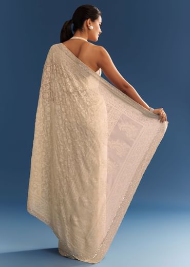 Beige Georgette Chikankari Saree With Stone And Cutdana Work
