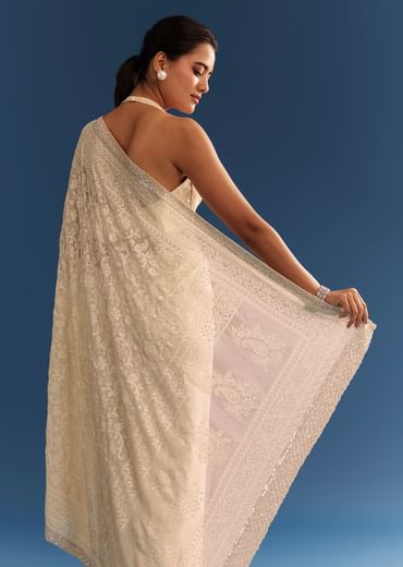 Beige Georgette Chikankari Saree With Stone And Cutdana Work