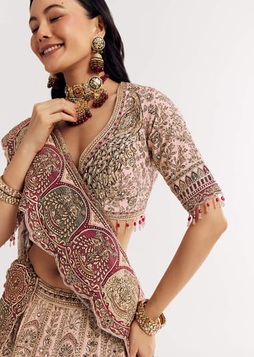 Beige Georgette Printed V Neckline Lehenga With Crepe Dupatta