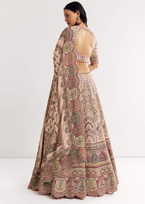 Beige Georgette Printed V Neckline Lehenga With Crepe Dupatta