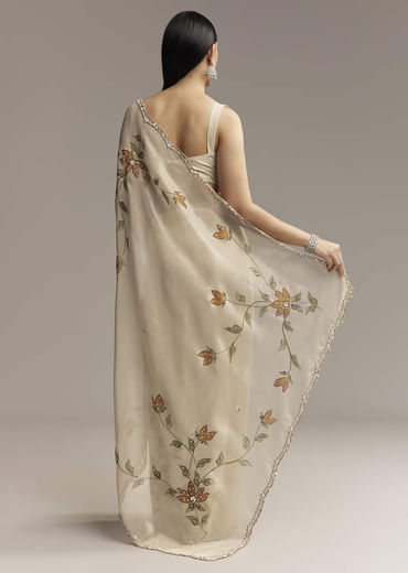 Beige Georgette Tissue Saree With Painted Florals And Sequin Embroidery