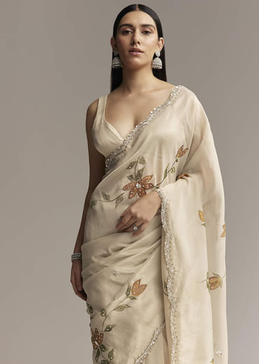 Beige Georgette Tissue Saree With Painted Florals And Sequin Embroidery