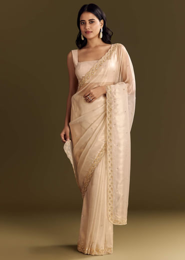 Beige Glass Tissue Saree With Cutdana And Beads Scallop Border