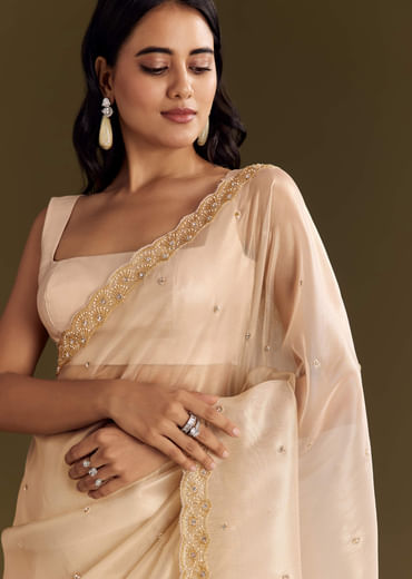 Beige Glass Tissue Saree With Cutdana And Beads Scallop Border
