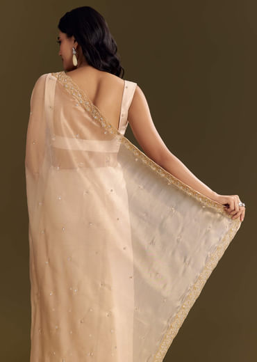 Beige Glass Tissue Saree With Cutdana And Beads Scallop Border