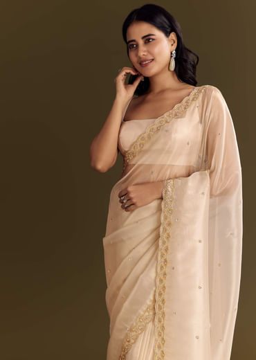Beige Glass Tissue Saree With Cutdana And Beads Scallop Border