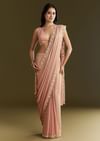 Beige Glass Tissue Saree With Moti Cutdana And Sequins Embroidery And Scallop Border