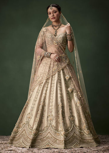 Beige Gold Bridal Raw Silk Lehenga Set with Two Dupattas
