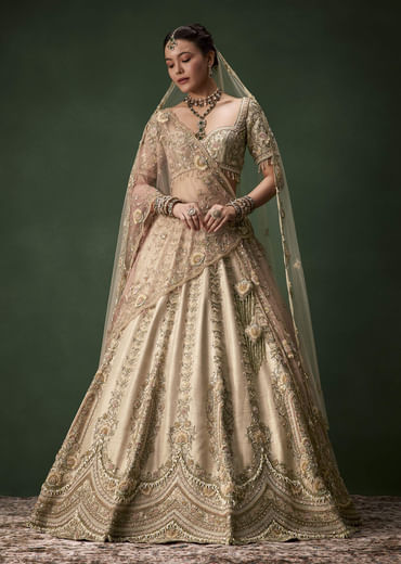 Beige Gold Bridal Raw Silk Lehenga Set with Two Dupattas