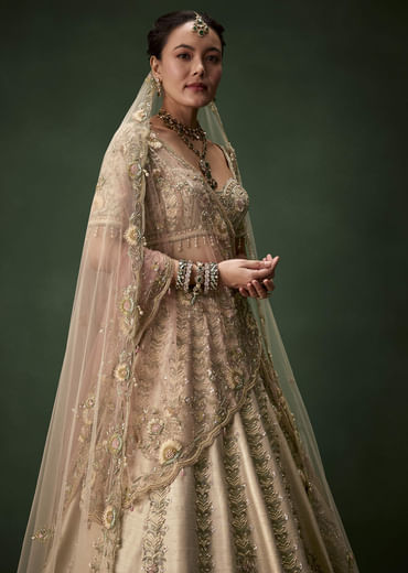 Beige Gold Bridal Raw Silk Lehenga Set with Two Dupattas