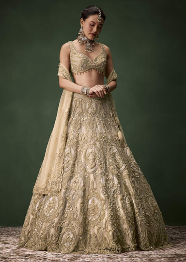 Beige Gold Heavy Work Bridal Lehenga Set with Two Dupattas