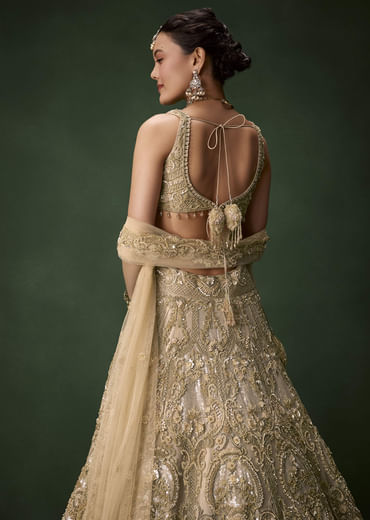 Beige Gold Heavy Work Bridal Lehenga Set with Two Dupattas