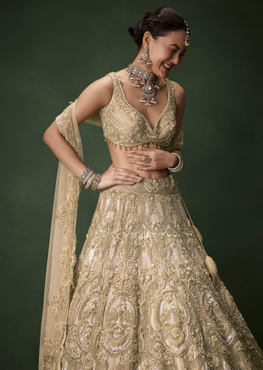 Beige Gold Heavy Work Bridal Lehenga Set with Two Dupattas