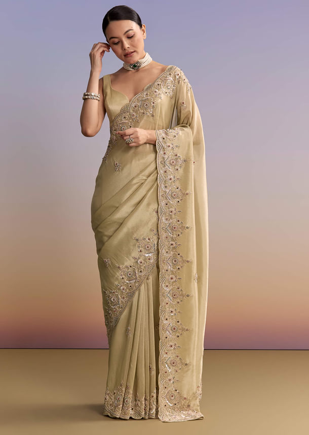 Beige Gold Tissue Embroidered Saree With Zardosi And Stone Work