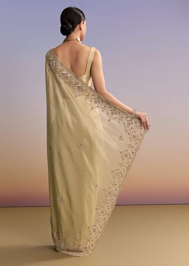 Beige Gold Tissue Embroidered Saree With Zardosi And Stone Work