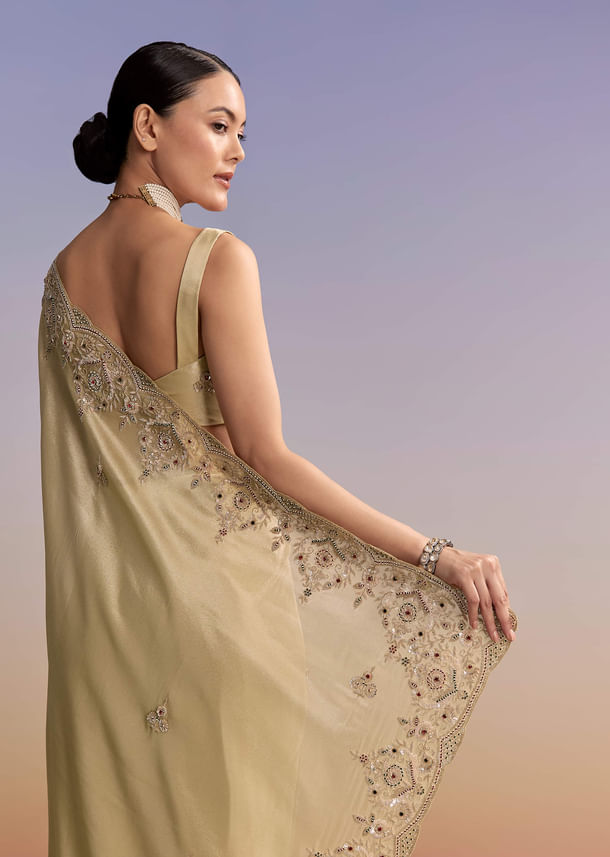 Beige Gold Tissue Embroidered Saree With Zardosi And Stone Work