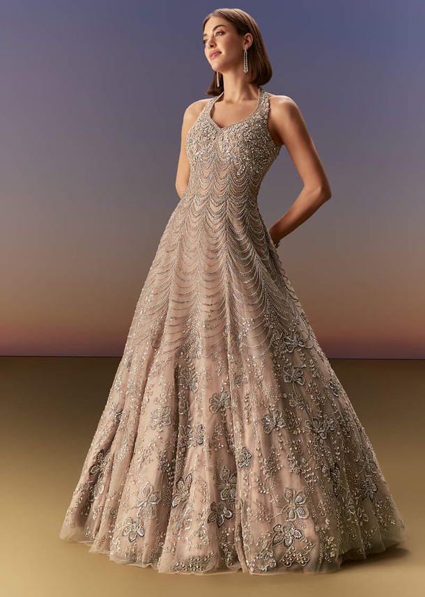 Beige Gown With All Over Sequin Bead And Cut Dana Embroidery Beige Gown With All Over Sequin Bead And Cut Dana Embroidery