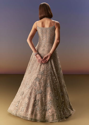Beige Gown With All Over Sequin Bead And Cut Dana Embroidery