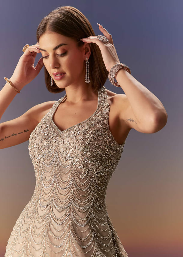 Beige Gown With All Over Sequin Bead And Cut Dana Embroidery Beige Gown With All Over Sequin Bead And Cut Dana Embroidery