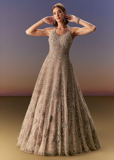 Beige Gown With All Over Sequin Bead And Cut Dana Embroidery