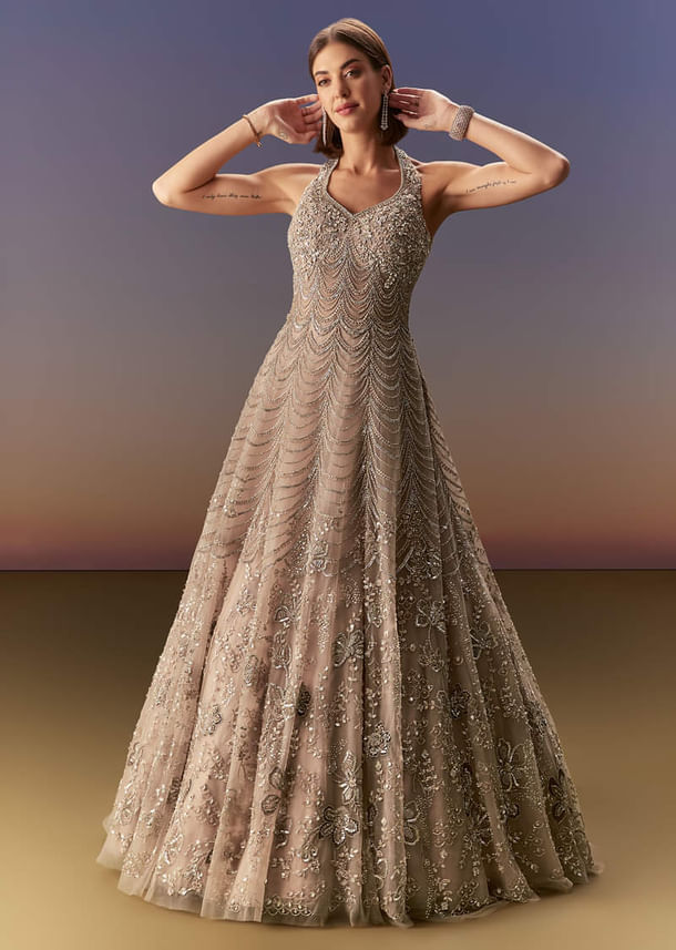 Beige Gown With All Over Sequin Bead And Cut Dana Embroidery Beige Gown With All Over Sequin Bead And Cut Dana Embroidery